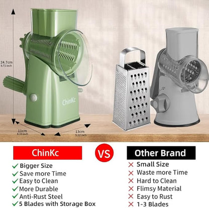 Upgrade Rotary Cheese Grater Shredder with Handle, Strong Suction Base, Multi-purpose Rotary Grater Slicer with 5 Interchangeable Blades for Ice, Vegetables, Fruit, Nuts with Blade Storage Box