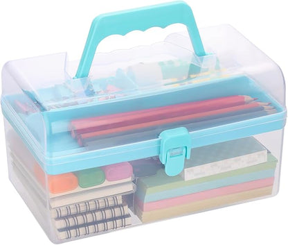 BTSKY Multipurpose Plastic Craft Storage Containers with Removable Tray, Clear Plastic Storage Box with Lid & Handle, Easy Carry & Stack Small Storage Container, 8.5x5x4.9 Inch, Rectangle-Blue