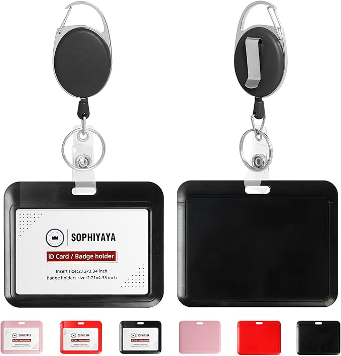 ID Badge Holder with Clip Badge Reels Retractable Heavy Duty Id Card with Carabiner Badge Reel with 24 inches Pull Cord for Office, School, Factory, Teacher (Black, Horizontal)