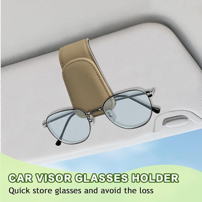 Sunglass Holder for Car, Sunglasses Clip for Car Visor, Magnetic Leather Vehicle Eyeglass Hanger Clip, Auto Ticket Card Glasses Organizer Clamp Accessories for SUV Sedan (Beige)