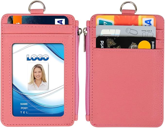 Badge Holder with Zipper, Life-Mate PU Leather ID Badge Card Holder Wallet Case with 5 Card Slots Zipper Pocket 19" Polyester Neck Lanyard Heavy Duty Metal Retractable Badge Reel (Pink)