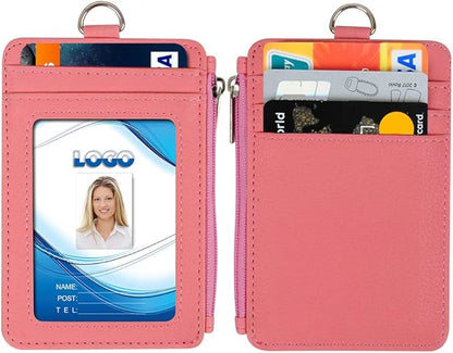 Badge Holder with Zipper, Life-Mate PU Leather ID Badge Card Holder Wallet Case with 5 Card Slots Zipper Pocket 19" Polyester Neck Lanyard Heavy Duty Metal Retractable Badge Reel (Pink)