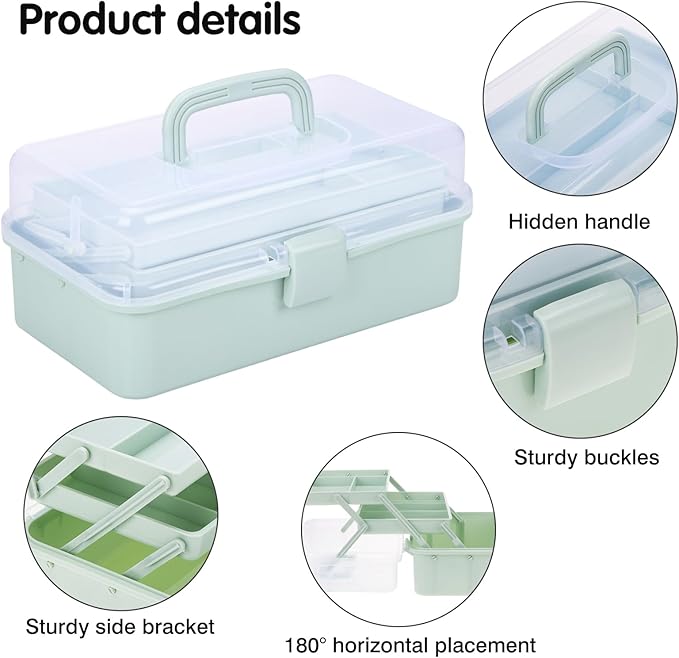 Tackle Box, Craft Organizers and Storage 3-Layer Portable Folding Toolbox, Plastic Tool Box with Handle for Sewing Supplies, Medicine, Art Supplies, Nails and Hair Accessories (Haze Green, 12.5inch)
