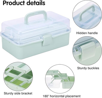 Tackle Box, Craft Organizers and Storage 3-Layer Portable Folding Toolbox, Plastic Tool Box with Handle for Sewing Supplies, Medicine, Art Supplies, Nails and Hair Accessories (Haze Green, 12.5inch)