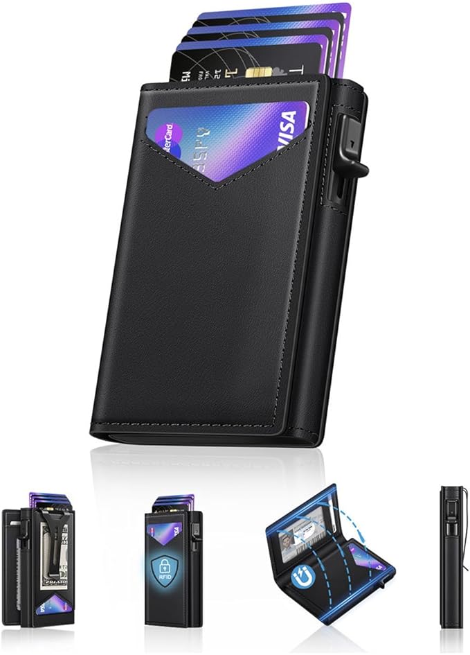Wallet for Men, RFID Wallet with Money Clip & ID Window, Minimalist Pop Up Credit Card Case Holder 10-12 Cards, Bifold Slim Smart Wallet for Front Pocket, Compact Metal Wallets, Gifts for Men, Black