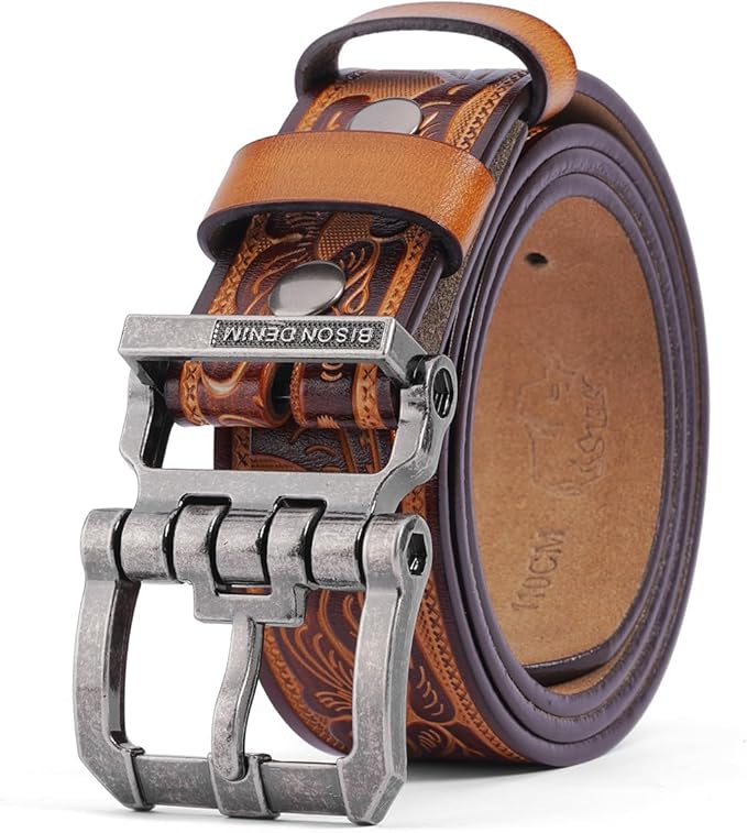 BISON DENIM Men's Genuine Leather Casual Belt, Classic Western Cowboy Dress Belts