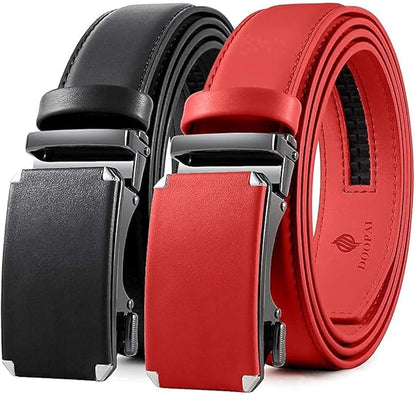 DOOPAI Men's 2 Pack Ratchet Dress Belt - Adjustable 1 3/8" Genuine Leather, Size Length Can Be Cut, With Gift Box