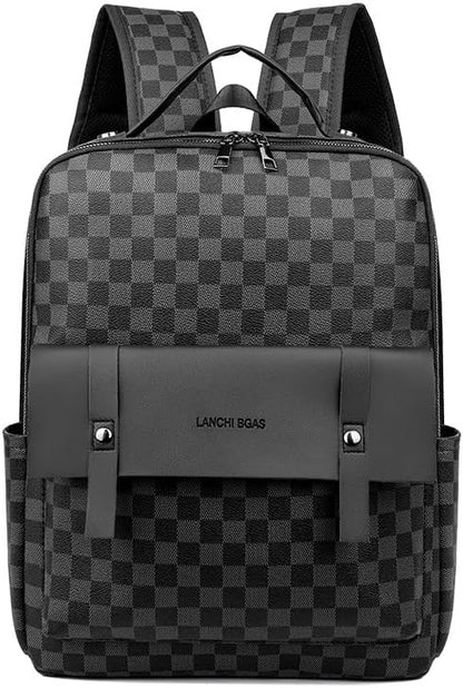 Retro men's business plaid backpack can hold a 15.6-inch laptop, women's stylish travel waterproof leather backpack. (Black check-16.1inch)
