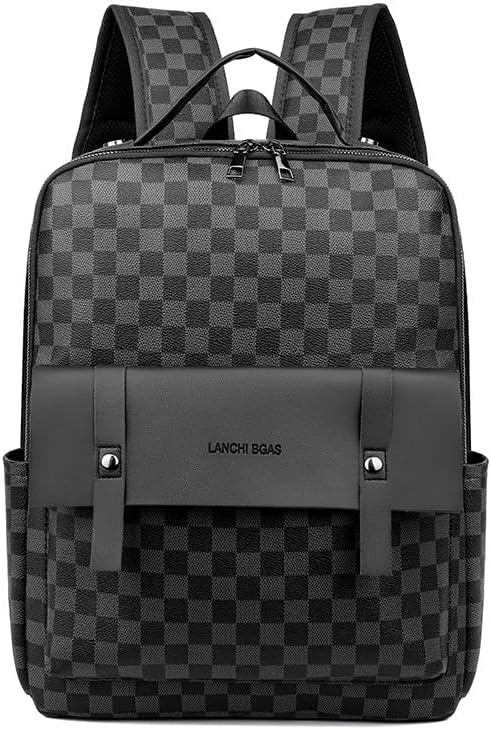 Retro men's business plaid backpack can hold a 15.6-inch laptop, women's stylish travel waterproof leather backpack. (Black check-16.1inch)