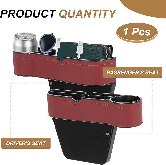 HARFINGTON Car Seat Gap Filler Organizer 10.6 x 7.1 x 2.8 Inch ABS+Leather Universal Car Organizer Storage Box Between Seat and Console (Left) with Cup Holders for Phone Keys, Wine Red
