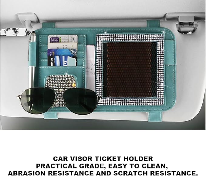 BESULEN Bling Car Sun Visor Organizer, Multi-Pocket Crystal Rhinestone Leather Vehicle Sunvisor Storage Pouch, Sparkling Diamond Auto Sunshade Eyeglasses Card Pen Holder, Universal Fit (Blue)
