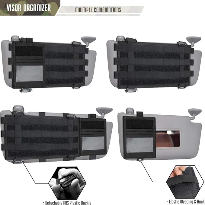 WYNEX Molle Car Visor Organizer with Detachable Card Pouch | Auto Sun Visor Storage Molle Panel with Elastic Webbing Slots for Glasses & Tactical Gear | Fit Most Vehicle, Jeeps, SUVs & Trucks