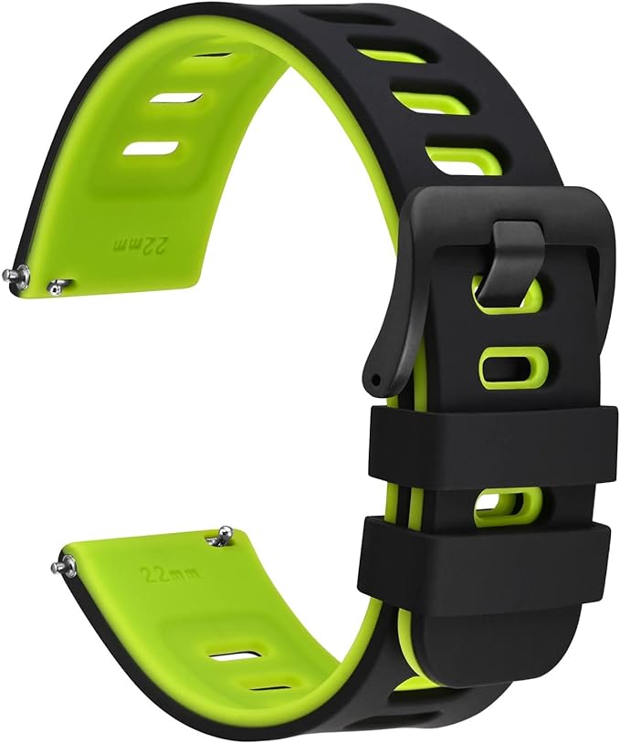 WOCCI 22mm Bicolor Watch Band, Silicone Rubber, Quick Release Replacement Strap for Men and Women, Black Stainless Steel Buckle (Black-Spring Green)