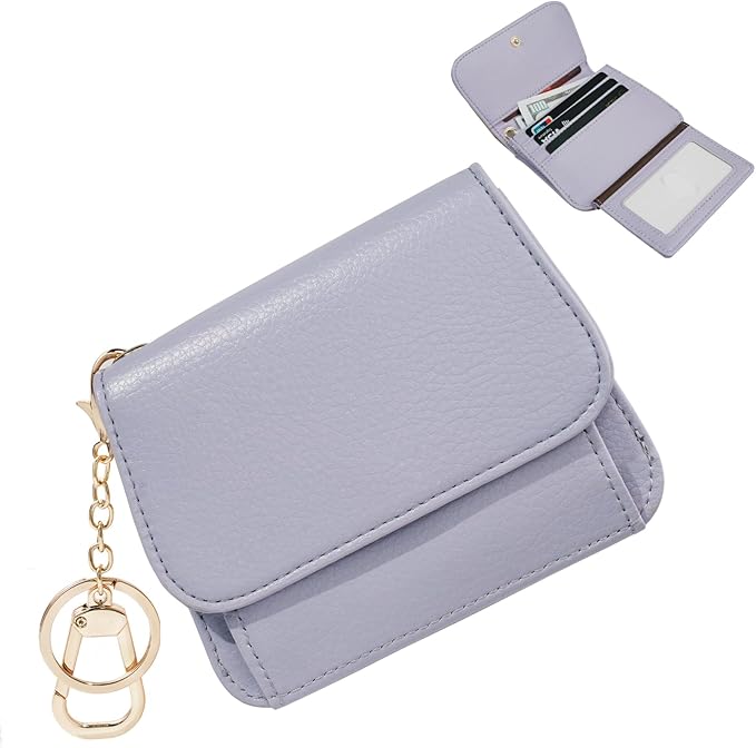 Women Small Wallet RFID Blocking Slim Wallet with Coin Pocket Tri-Fold Credit Card Holder with ID Window and Keychain (Purple)