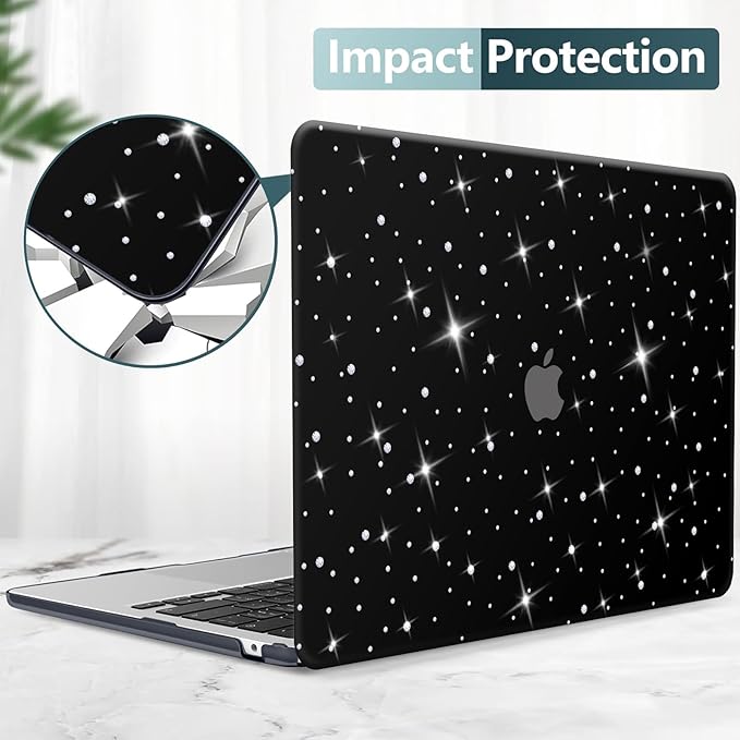 KEROM Diamond Case for MacBook Pro 13 inch 2024-2016 M2 M1 A2338 A2289 A2251 A2159 A1989 A1706 A1708, Luxury Bedazzled Bling Shiny Sparkle Glitter PU Leather Hard Shell Case & Keyboard Cover, Black