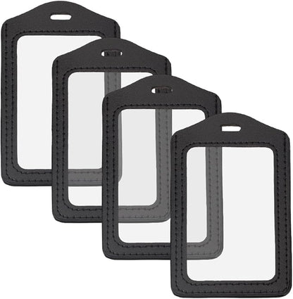 4PCS Black PU Leather ID Badge Holder Black Vertical Double Side Clear Card Slot Case Waterproof Transparent Name Badge Holder Without Lanyard for Offices Staff Students Employees