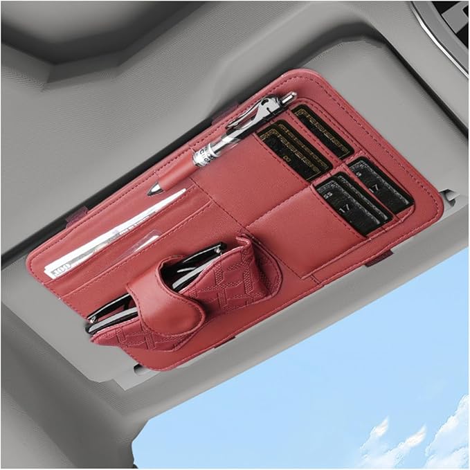 Car Sun Visor Organizer, Leather Multi Pocket Vehicle Visor Storage Pouch for Sunglasses Card License, Multifunctional Auto Interior Organization Accessories, Universal Fit (Wine Red)