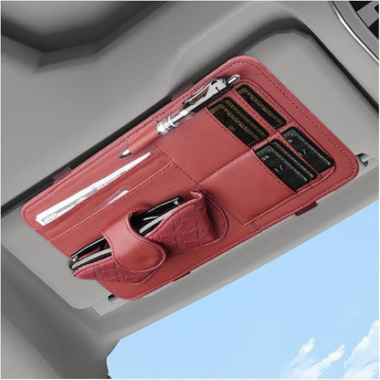 Car Sun Visor Organizer, Leather Multi Pocket Vehicle Visor Storage Pouch for Sunglasses Card License, Multifunctional Auto Interior Organization Accessories, Universal Fit (Wine Red)