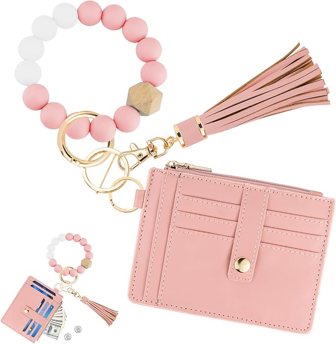 KNGITRYI Wallet Keychain Wristlet for Women,Slim RFID Credit Card Holder Purse Tassel Keychain Bangle Key Ring for Men Women