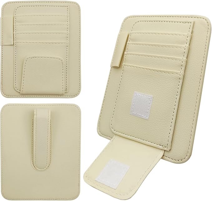SENHAI Car Sun Visor Organizer for Car, 2 Pcs Small Leather Car Card Sleeve Pocket Organizer, Car Visor Organizer Storage Pouch for Hold Card, Sunglass Holder, Pen (Beige & Black)