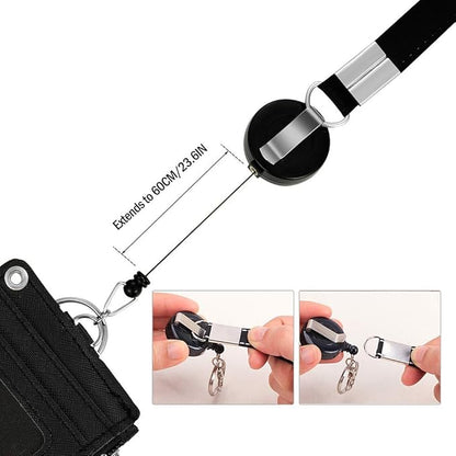 【2025 Latest】 Cute ID Badge Holder Retractable Lanyard Reel Clip with Heavy Duty Carabiner, 5 Card Slots in 2 Sided with Key Ring and Zipper for Students Teens Boys Girls Office Staff Women (Black)