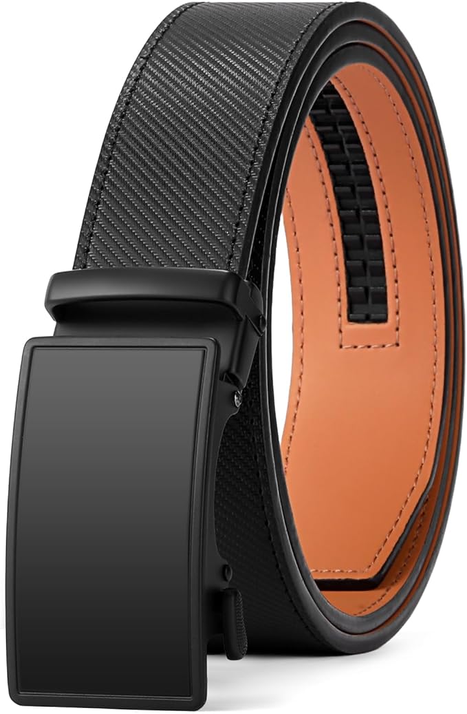 SENDEFN Men's Leather Belt Automatic Ratchet Buckle Slide Belt for Dress Casual Trim to Fit with Gift Box