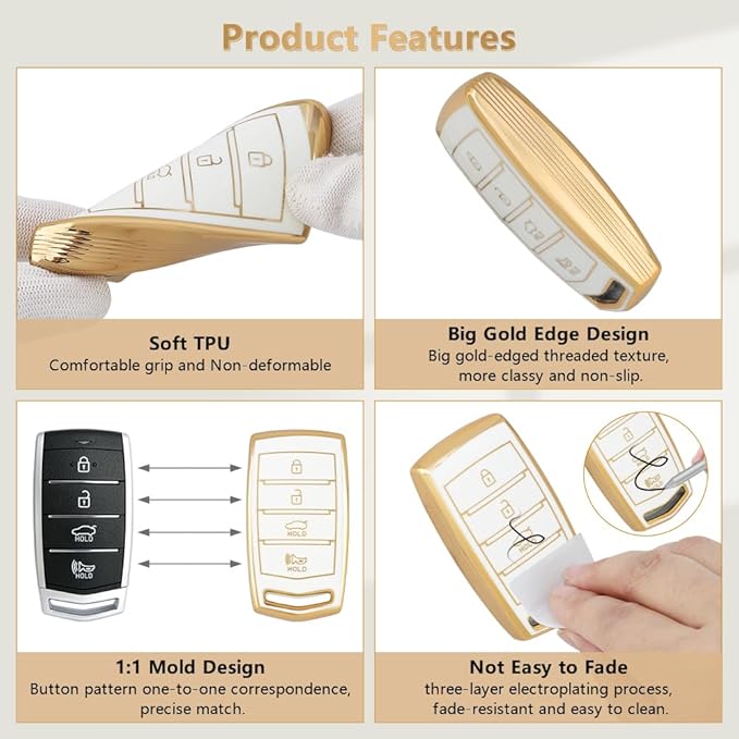 PIFOOG Key Fob Cover for Genesis G80 G90 G70 Accessories 4 Buttons Car Smart Keys Shell Case Bling Keychain Landyard Protector Protection Girly Women White Gold Cute TPU