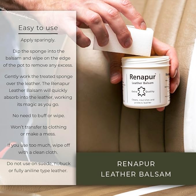 Renapur Leather Balsam, Natural Conditioner, Protector and Restorer — for Leather Furniture, footwear, Purses & Bags, Car interiors & Bikes, Saddlery & Tack. (6.7 fl oz + Applicator Sponge)
