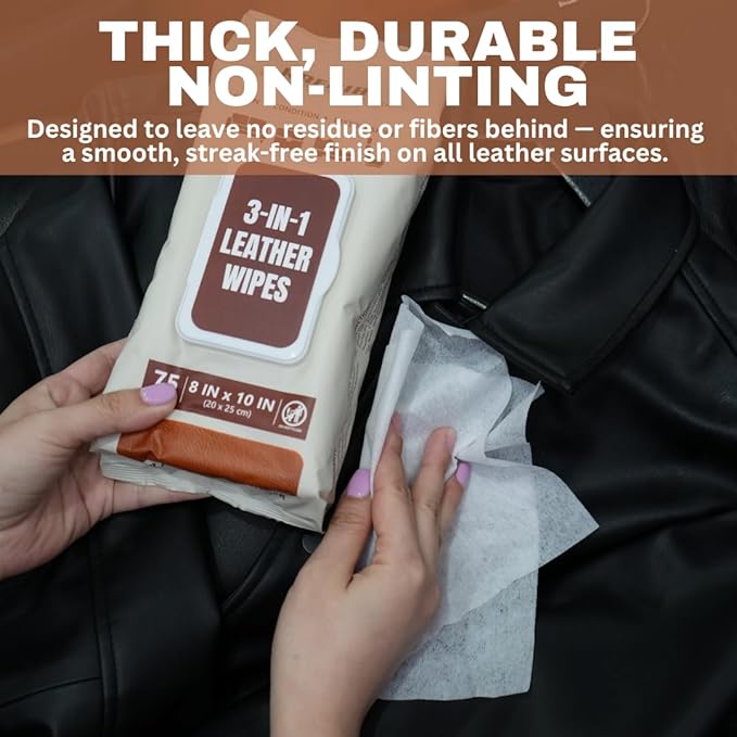 3in1 Leather Wipes 150 XL Count, Clean, Condition & Restore Shine, Extra-Large 8"x10" Wipes for Car Seats, Shoes, Furniture & Bags, Thick, Durable, Non-Linting, Safe for All Leather Types