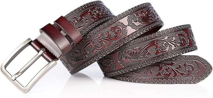 Men's Casual Genuine Leather Jeans Belts Vintage Leather Engraved Strap with Single Prong Buckle