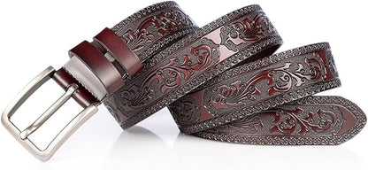 Men's Casual Genuine Leather Jeans Belts Vintage Leather Engraved Strap with Single Prong Buckle