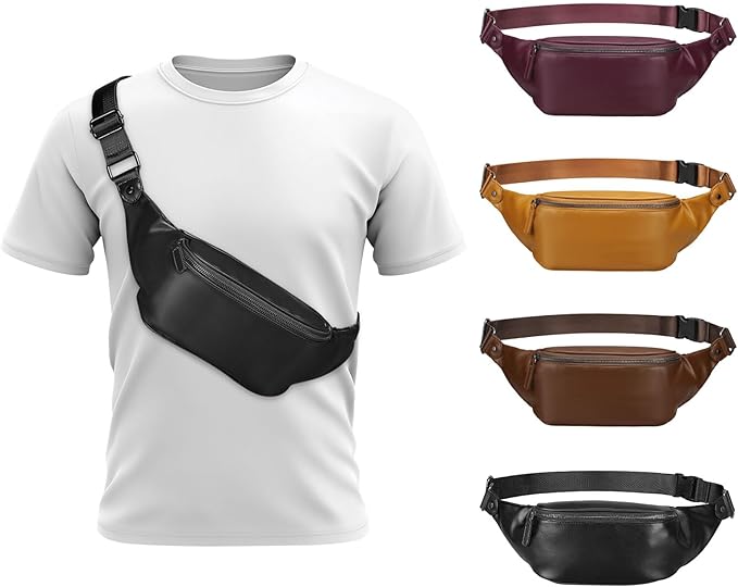 Faux Leather Belt Bag for Men, Crossbody Sling Bag with Adjustable Strap, Back Zipper Pocket, Large Capacity Waist Pack for Travel, Work, Every, Black