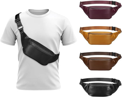 Faux Leather Belt Bag for Men, Crossbody Sling Bag with Adjustable Strap, Back Zipper Pocket, Large Capacity Waist Pack for Travel, Work, Every, Black