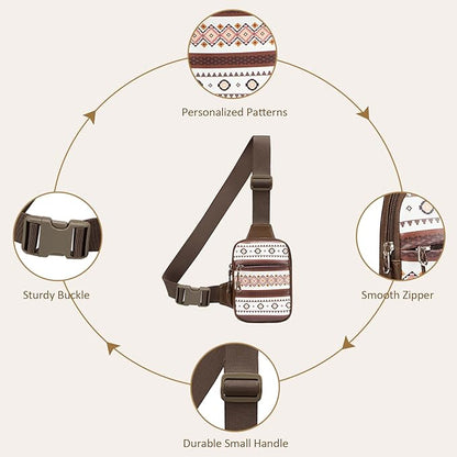 Mini Crossbody Sling Bag, PU Leather Chest Bag with Native American/Indigenous Patterns, Dual Pocket Water Resistant Fanny Pack, Running Phone Holder for Men Women Workout Travelling (Aztec Boho)