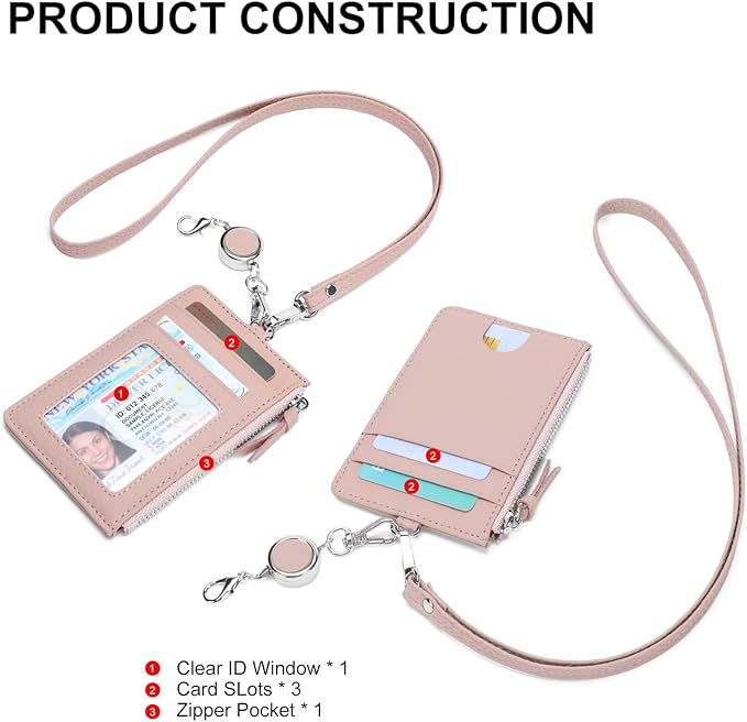 SENDEFN Retractable Badge Holder Wallet, Genuine Leather ID Card Holder with Removable Neck Lanyard Clasp, Five Card Slots, for Office Staff Women