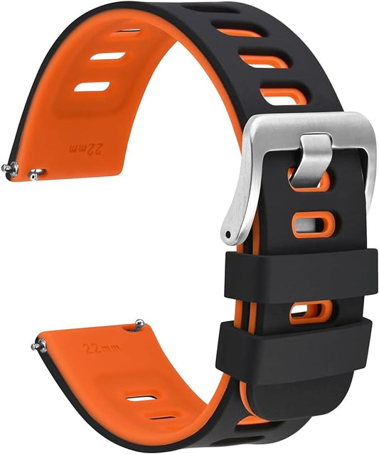 WOCCI 22mm Bicolor Watch Band, Silicone Rubber, Quick Release Replacement Strap for Men and Women, Silver Stainless Steel Buckle (Black-Orange)