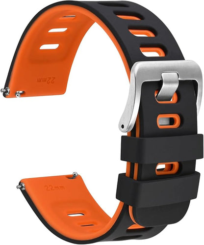 WOCCI 18mm Bicolor Watch Band, Silicone Rubber, Quick Release Replacement Strap for Men and Women, Silver Stainless Steel Buckle (Black-Orange)