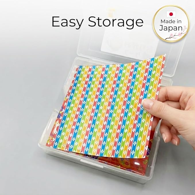 Japanese Origami Paper Storage Box - Made in Japan - Holds 400 Sheets of 6x6 Inch (15cm) Paper - Clear Plastic Craft Organizer with Easy Access Side Slots - Multi-Purpose Container