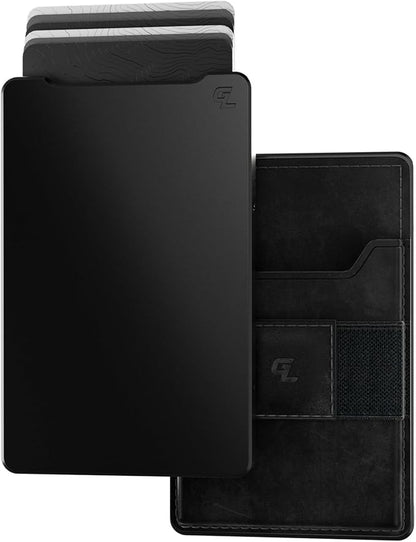 Groove Life Groove Magnetic Thumb Swipe Magsafe Wallet Black/Black Leather Go Mens Minimalist Aluminum Credit Card Holder with RFID Blocking, Genuine Leather Attachment, Lifetime Coverage