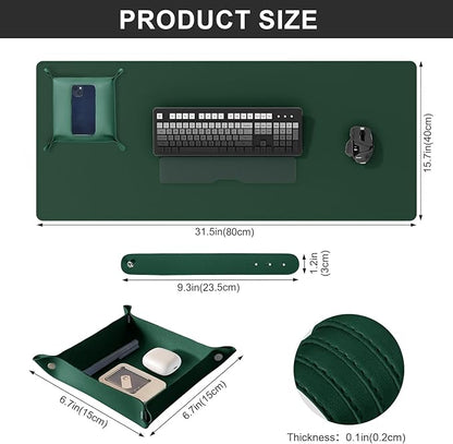 DAWNTREES Dual Sided Desk Mat,Leather Desk Pad,Cork Desk Mat Protector,with PU Leather Valet Tray Organizer,Large Mouse Pad,Desk Writing Pad for Office and Home(Dark Green 31.5"x15.8")