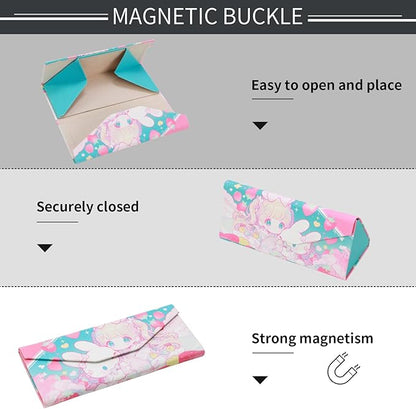 Foldable Glasses Case, Magnetic PU Leahter Sunglasses Case, Cute Hard Shell Folding Eyeglass Cases for Women Kids