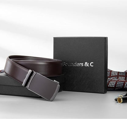 Founders & C Men's Ratchet Belt 1 3/8",Leather Dress Belt Adjustable with Click Sliding Buckle Trim to Exact Fit