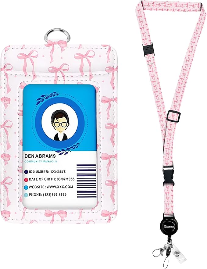 bolimoss Pink Bow Lanyard with ID Holder, Cute Leather ID Name Badge Card Holder with Adjustable Retractable Lanyards, Breakaway Lanyards with Swivel Metal Clasp for Women Nurse Teacher