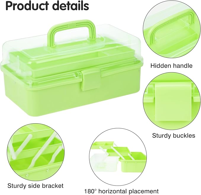 Small Toolbox with Handle, Tackle Box 3-Layer Craft Organizers, Portable Folding Plastic Tool Box for Sewing Supplies, Medicine, Art Supplies, Nails and Hair Accessories(Green)