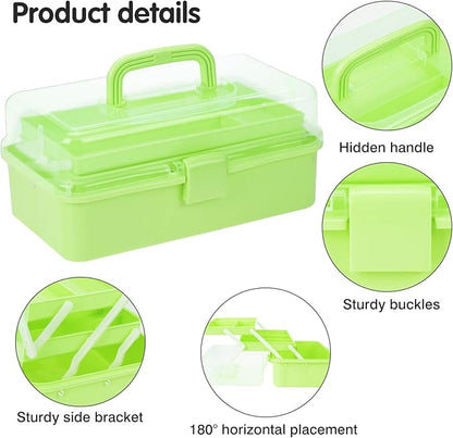 Small Toolbox with Handle, Tackle Box 3-Layer Craft Organizers, Portable Folding Plastic Tool Box for Sewing Supplies, Medicine, Art Supplies, Nails and Hair Accessories(Green)