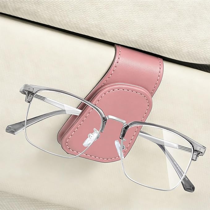 Magnetic Sunglasses Holder for Car Sun Visor, Leather Eyeglasses Clip, Secure Glasses Hanger with Ticket Card Slot