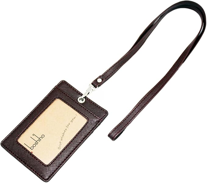 Boshiho Vertical Style Leather ID Card Badge Holder with Heavy Duty Lanyard (Brown 2)