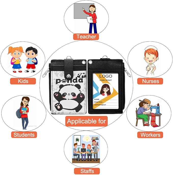 HASFINE ID Badge Holder with Lanyard,Cute Panda Work Badge with Zipper Pocket, 2-Sided Functional Card Wallet with 3 Card Slots and Detachable Keychain for Teacher Student Nurse Worker (Black)