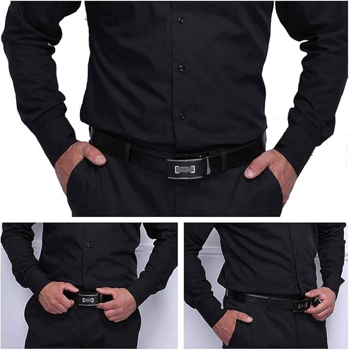 JINIU Men's Ratchet Belt Buckle, Black Genuine Leather Slide Belt for Men Dress Suit, Micro Adjustable Trim to Fit Boxed