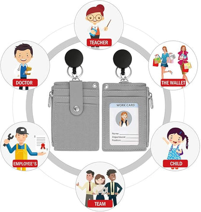 【2025 Latest】 Cute ID Badge Holder Retractable Lanyard Reel Clip with Heavy Duty Carabiner, 5 Card Slots in 2 Sided with Key Ring and Zipper for Students Teens Boys Girls Office Staff Women (Grey)